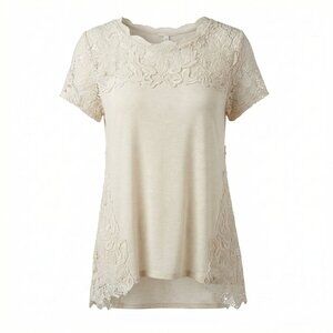 Adiva Tunic Top Women's 1X Cotton T Shirt Boho Lace Sleeve Neck Side Solid Beige